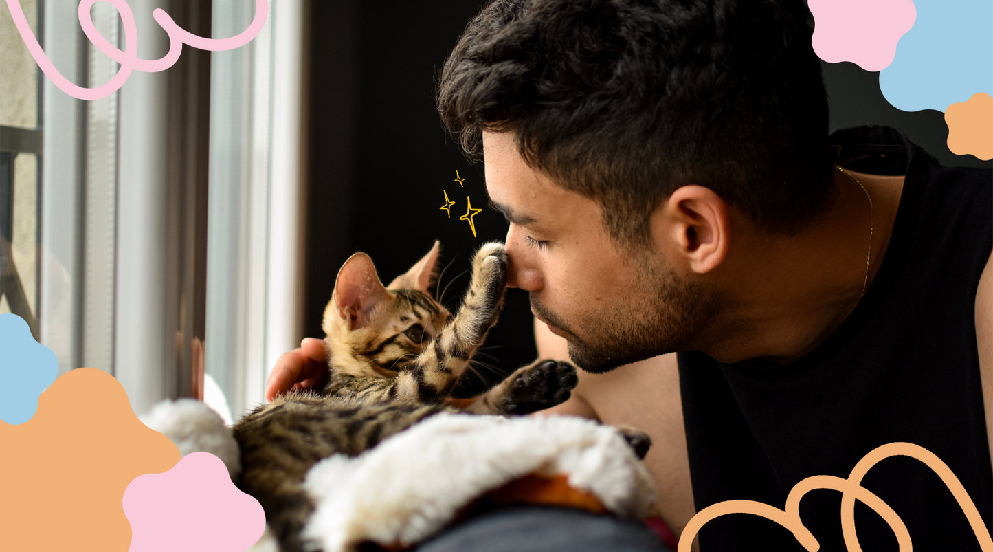 Man wearing black shirt, socializing with his Feline friend.
