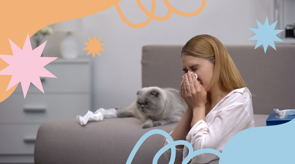 Woman with allergies sneezing, with a cat in the background.